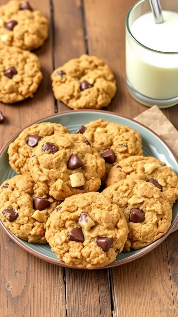 Healthy Air Fryer Oatmeal Cookies Recipe Healthy air fryer oatmeal cookies with chocolate chips and nuts on a wooden plate next to a glass of milk.